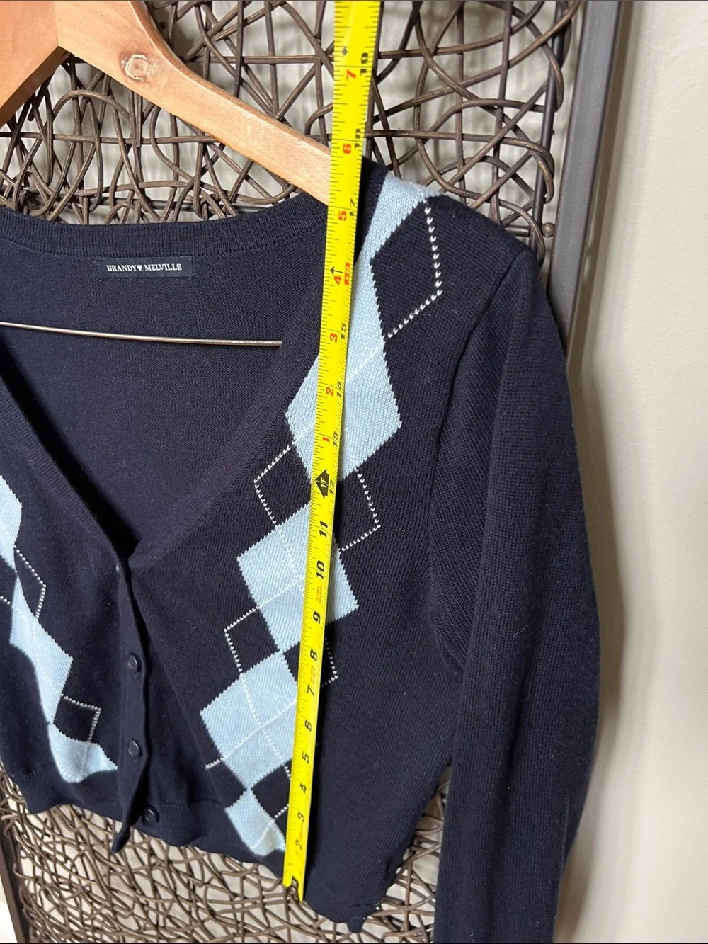 Brandy Melville Argyle Cropped Cardigan Navy sky Blue White Carolina Colorway XS